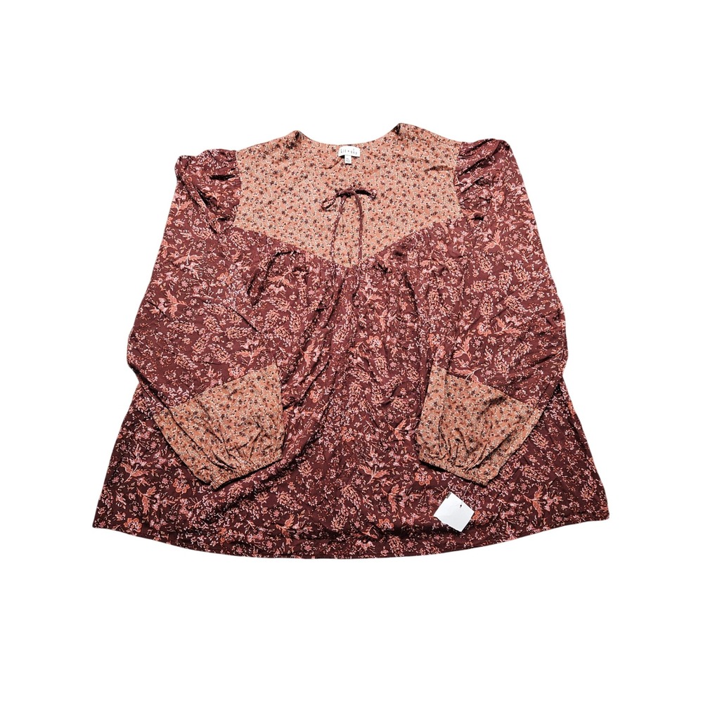 NWOT Kit + Sky Womens XL Burgundy Floral Mixed Print Long Sleeve Tie Neck Blouse